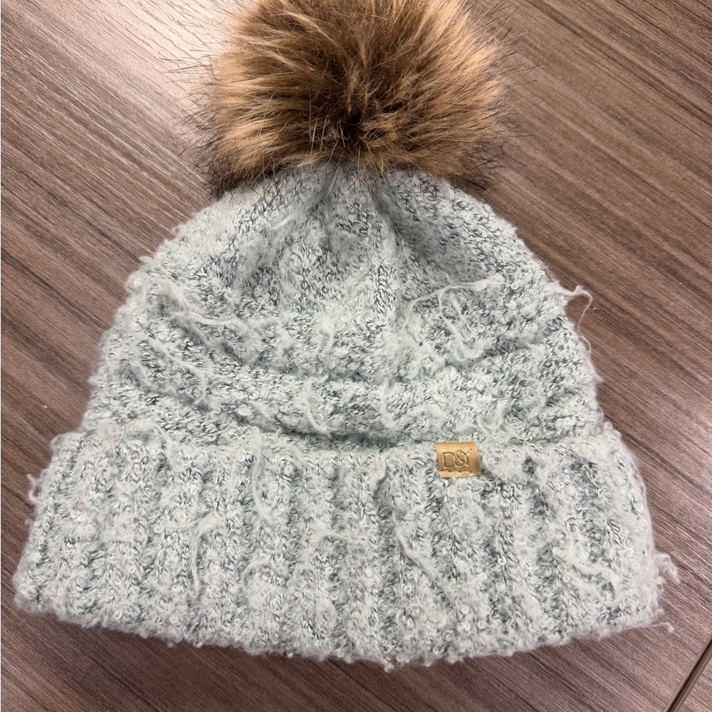 Blue/Gray Knit Pom-Pom Beanie
